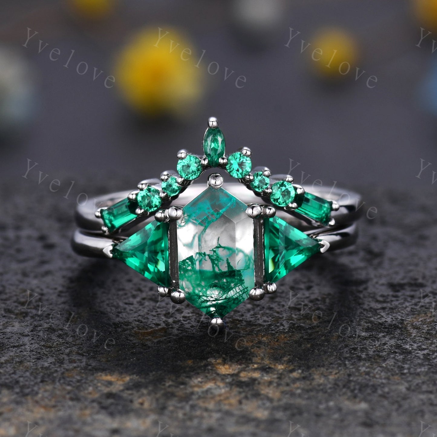 Hexagon shaped Moss Agate Engagement Ring,Platinum Ring,Unique Emerald Matching Stack Ring,Green Gems Promise Ring,Anniversary Ring Gift