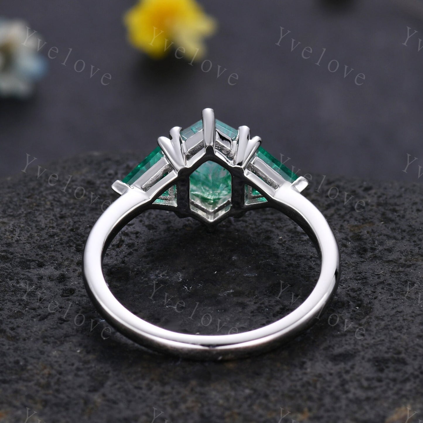 Hexagon shaped Moss Agate Engagement Ring,Platinum Ring,Unique Emerald Matching Stack Ring,Green Gems Promise Ring,Anniversary Ring Gift
