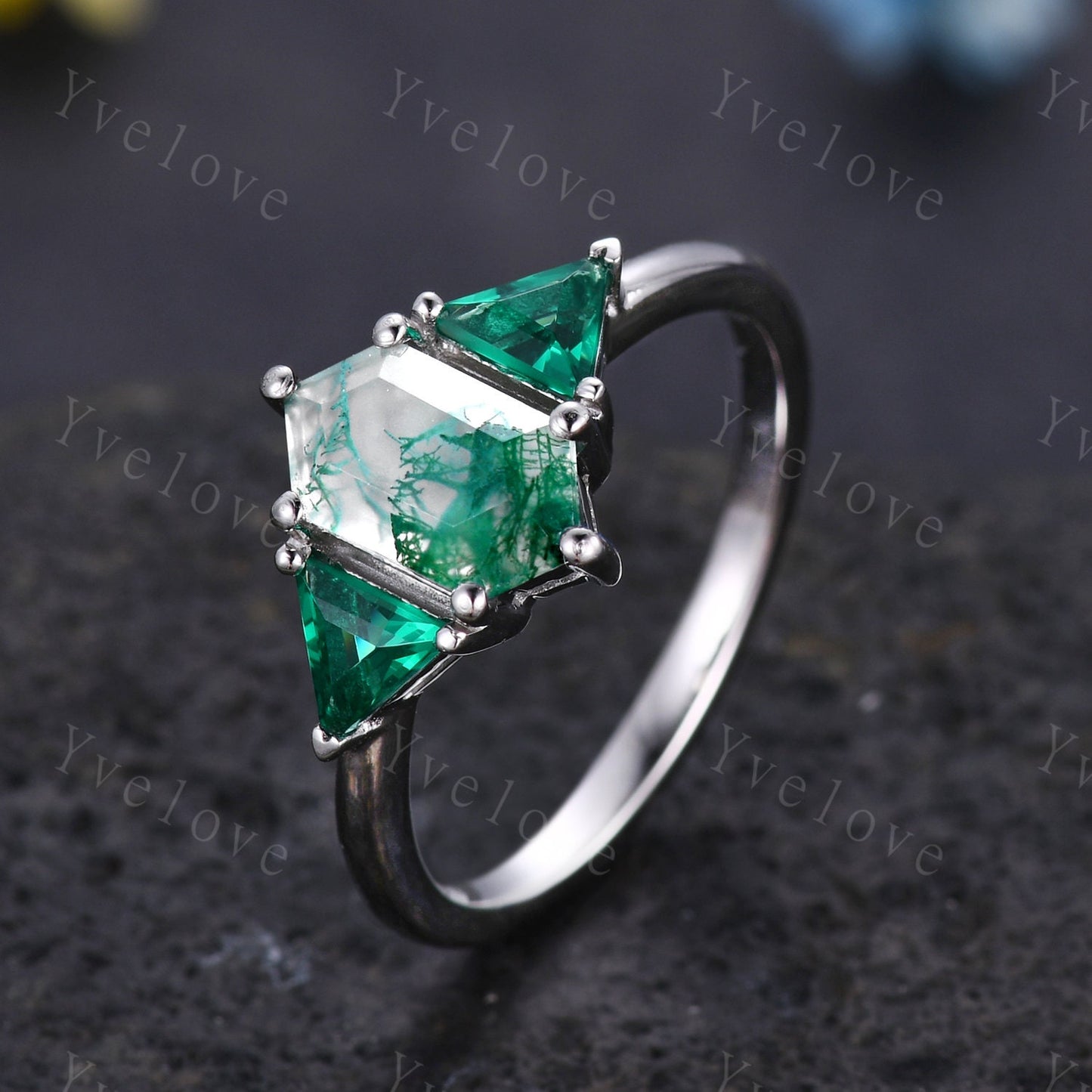 Hexagon shaped Moss Agate Engagement Ring,Platinum Ring,Unique Emerald Matching Stack Ring,Green Gems Promise Ring,Anniversary Ring Gift