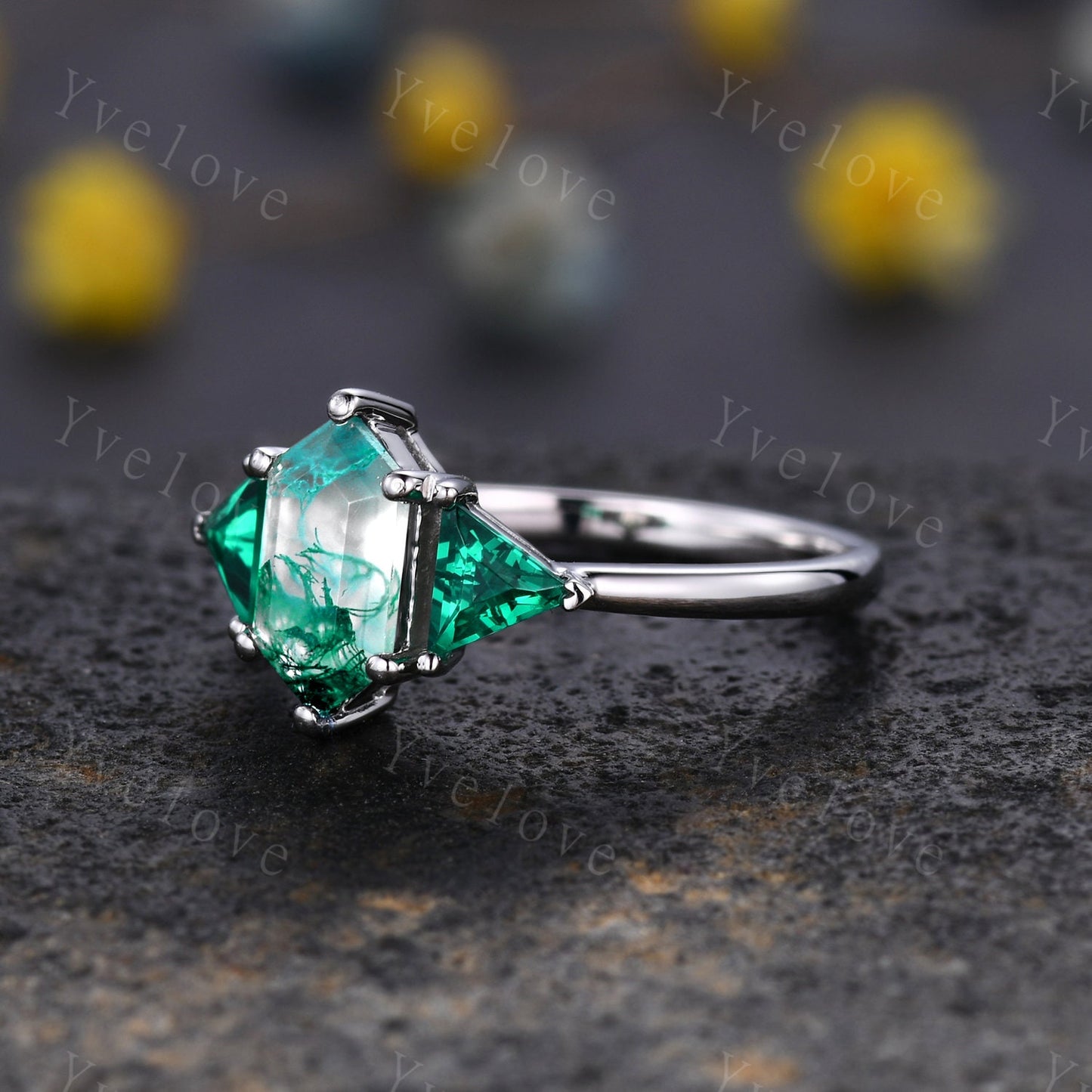 Hexagon shaped Moss Agate Engagement Ring,Platinum Ring,Unique Emerald Matching Stack Ring,Green Gems Promise Ring,Anniversary Ring Gift