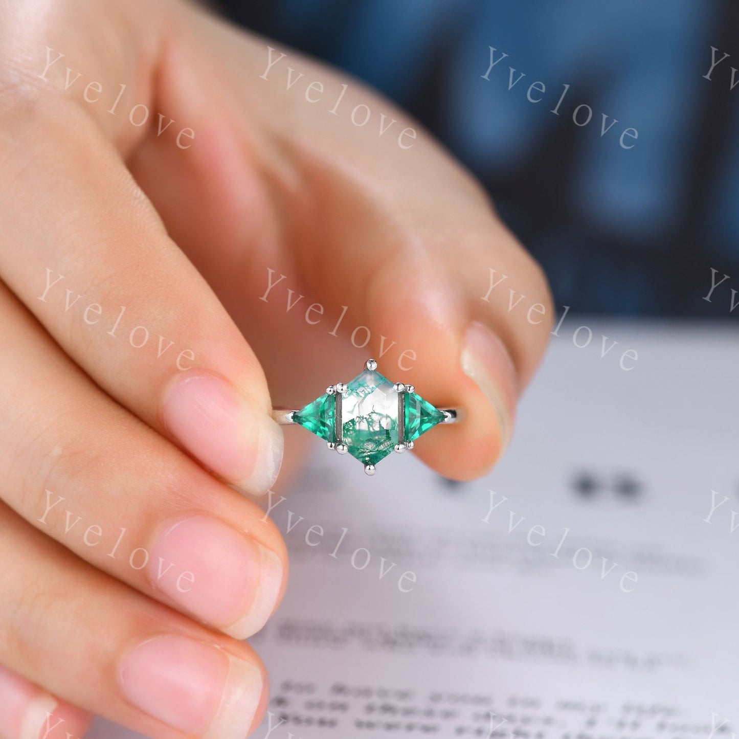 Hexagon shaped Moss Agate Engagement Ring,Platinum Ring,Unique Emerald Matching Stack Ring,Green Gems Promise Ring,Anniversary Ring Gift