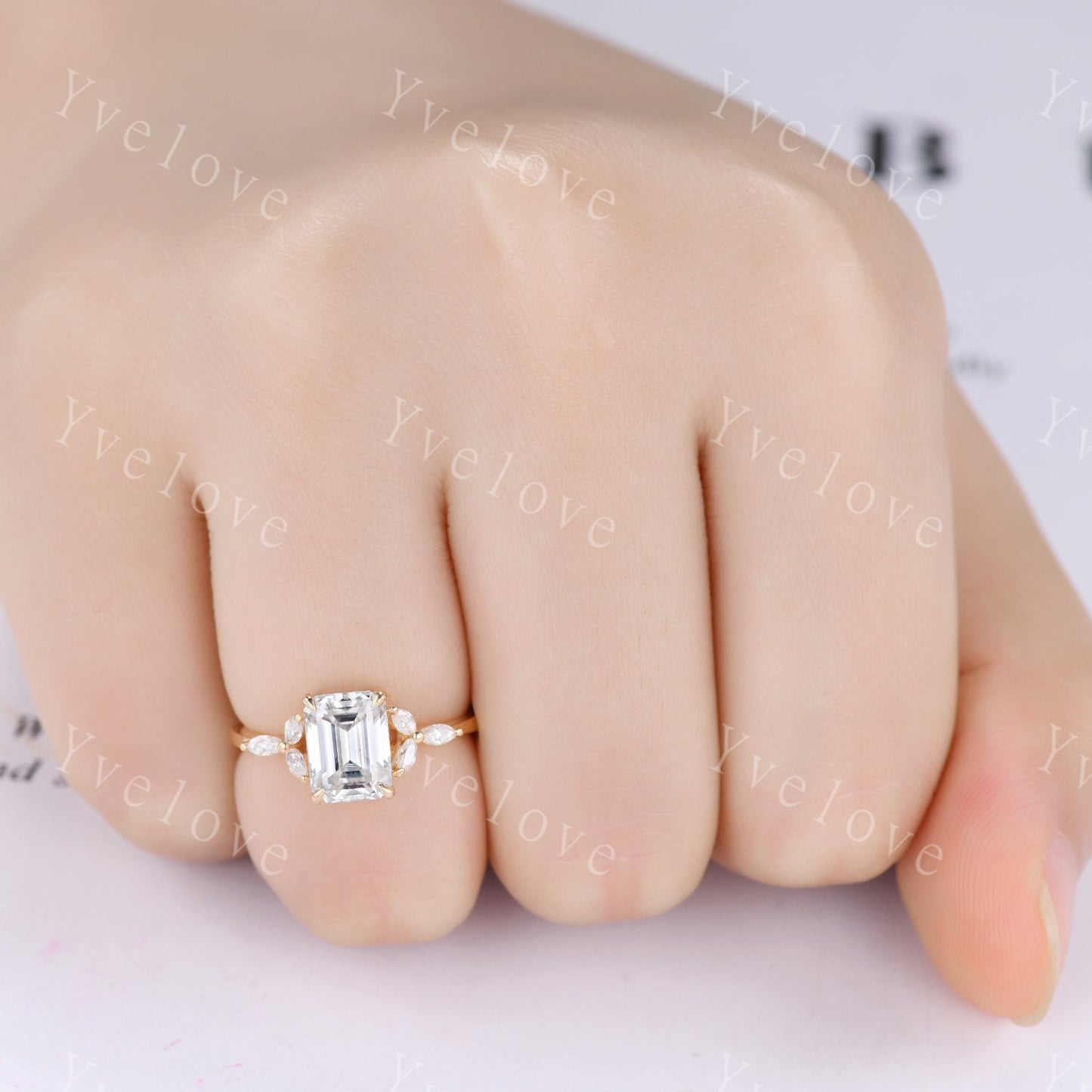 Vintage Moissanite Engagement Ring Set Emerald Cut Moissanite Ring Floral Split Shank Diamond Ring Bridal Ring Gift 10k Solid Gold Ring