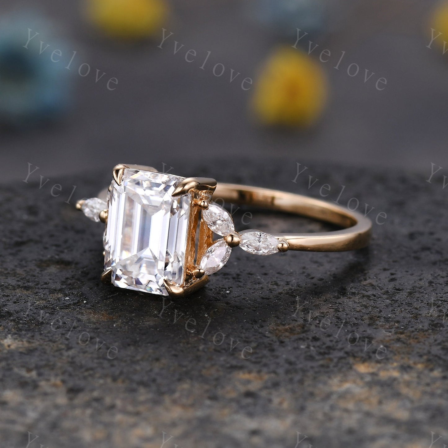 Vintage Moissanite Engagement Ring Set Emerald Cut Moissanite Ring Floral Split Shank Diamond Ring Bridal Ring Gift 10k Solid Gold Ring