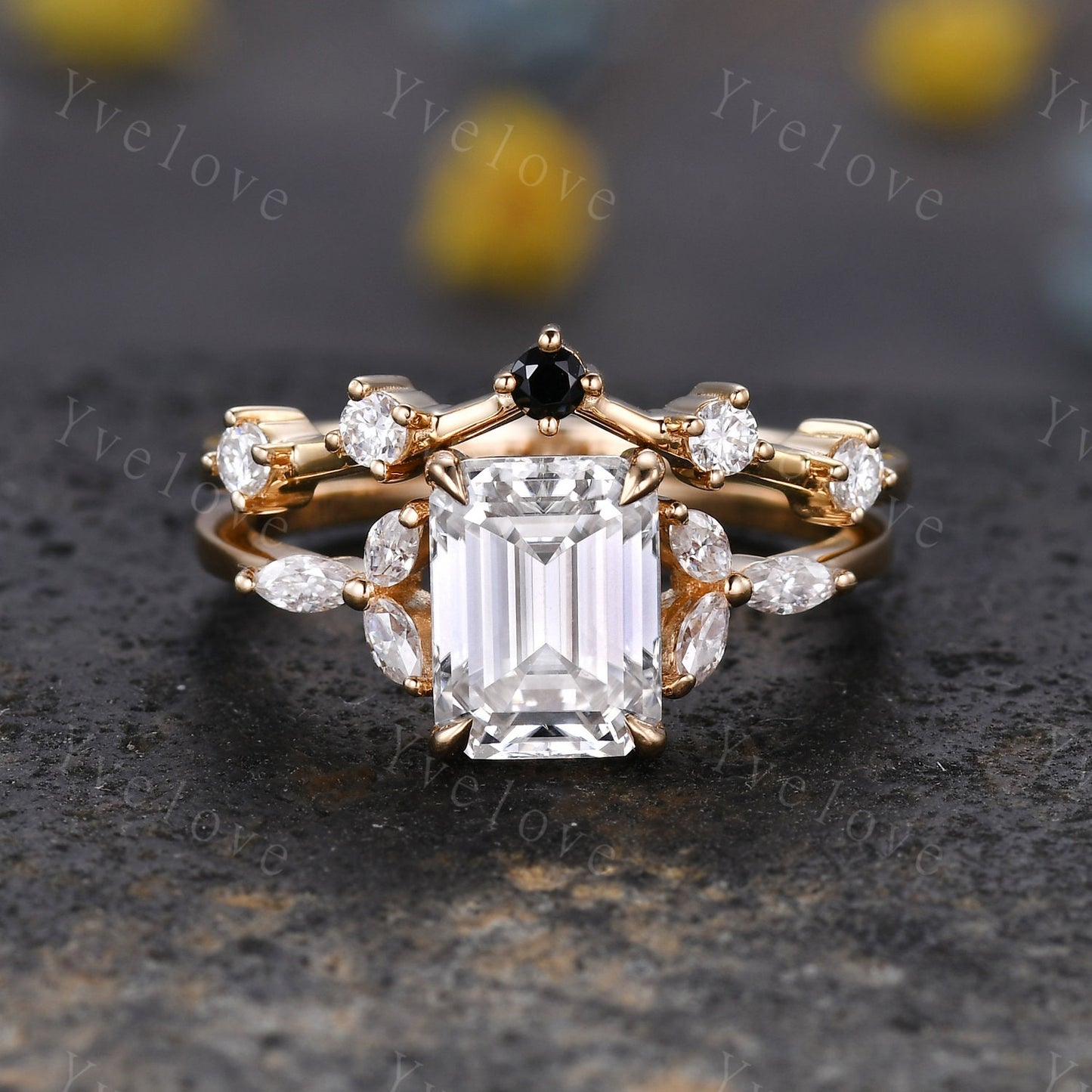 Vintage Moissanite Engagement Ring Set Emerald Cut Moissanite Ring Floral Split Shank Diamond Ring Bridal Ring Gift 10k Solid Gold Ring