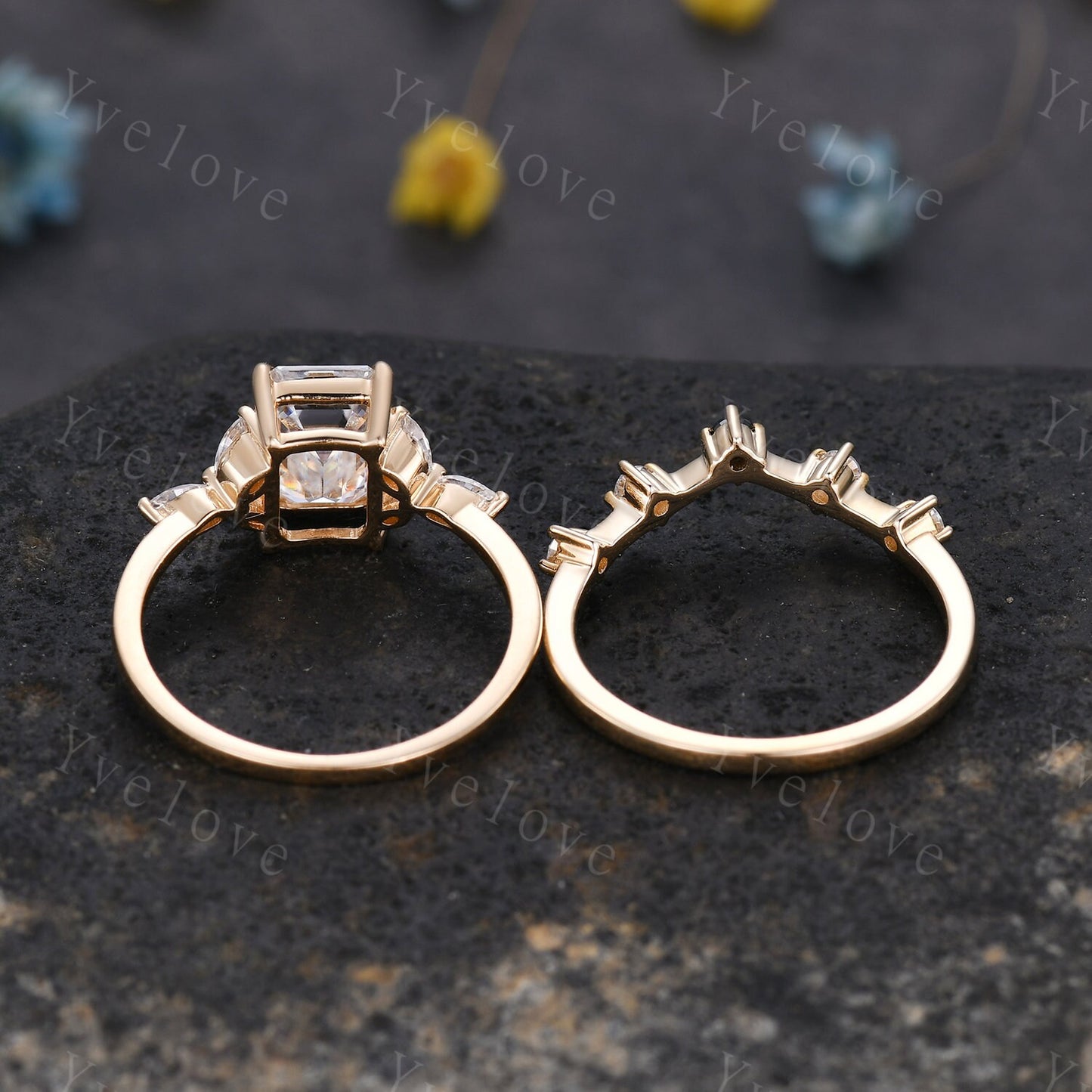 Vintage Moissanite Engagement Ring Set Emerald Cut Moissanite Ring Floral Split Shank Diamond Ring Bridal Ring Gift 10k Solid Gold Ring