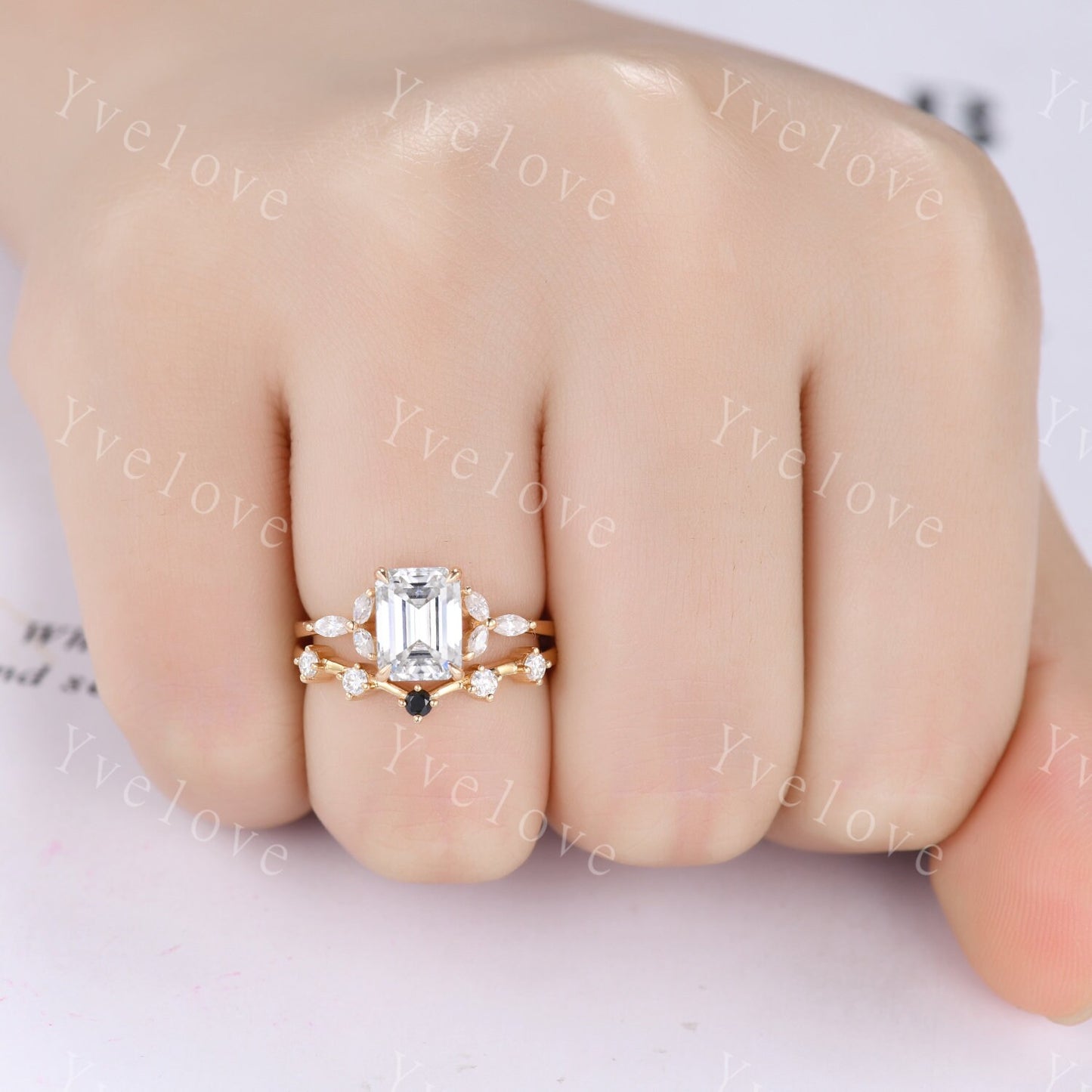 Vintage Moissanite Engagement Ring Set Emerald Cut Moissanite Ring Floral Split Shank Diamond Ring Bridal Ring Gift 10k Solid Gold Ring