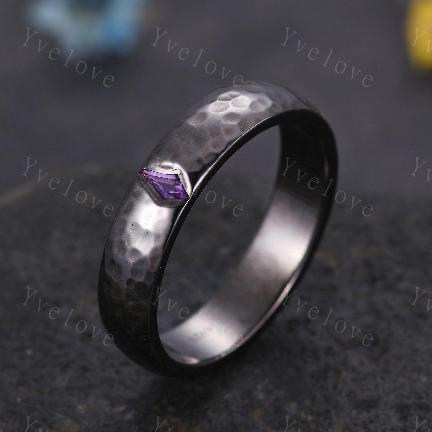 Mens Kite Amethyst Wedding Band Retro Platinum Ring Mens Hammered Stackable Matching Ring February Birthstone Vintage Ring Gift For Husband