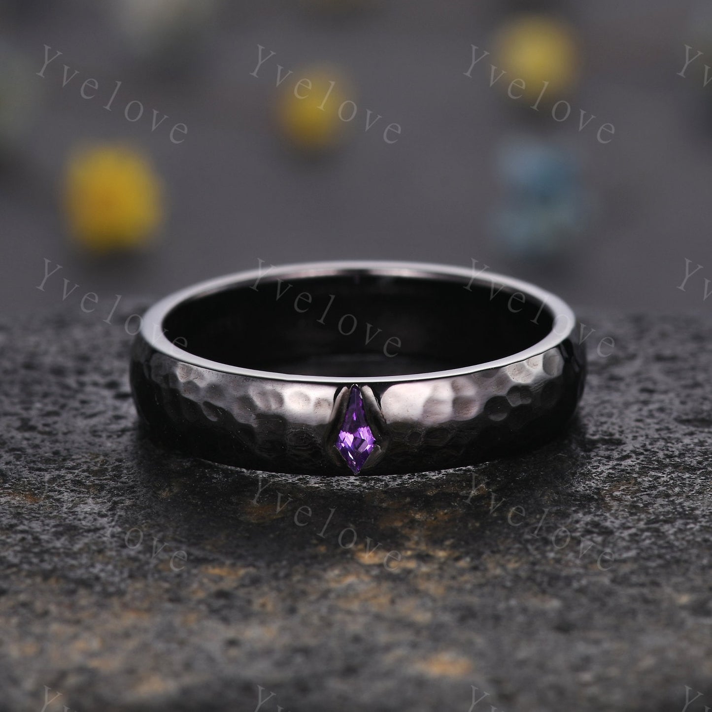 Mens Kite Amethyst Wedding Band Retro Black Gold Ring Mens Hammered Stackable Matching Ring February Birthstone Vintage Ring Gift For Him