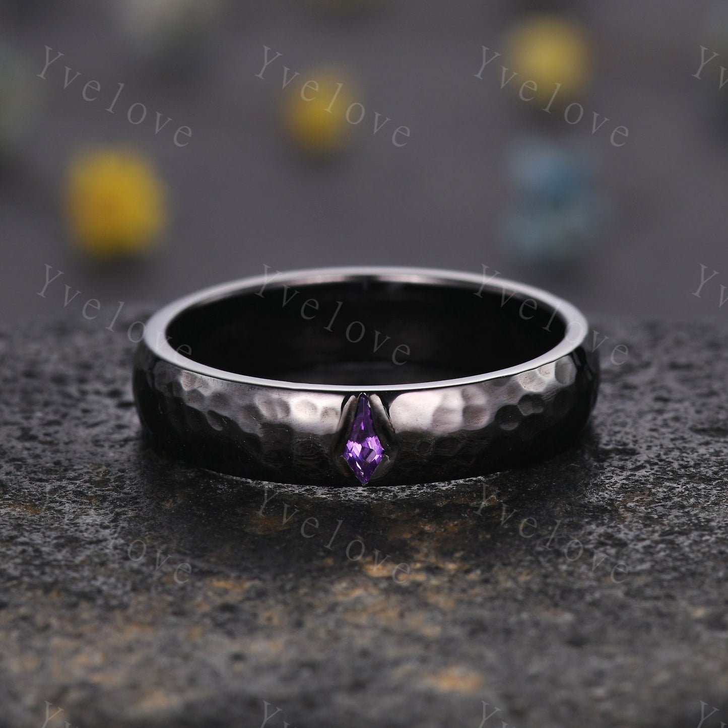 Mens Kite Amethyst Wedding Band Retro Platinum Ring Mens Hammered Stackable Matching Ring February Birthstone Vintage Ring Gift For Husband