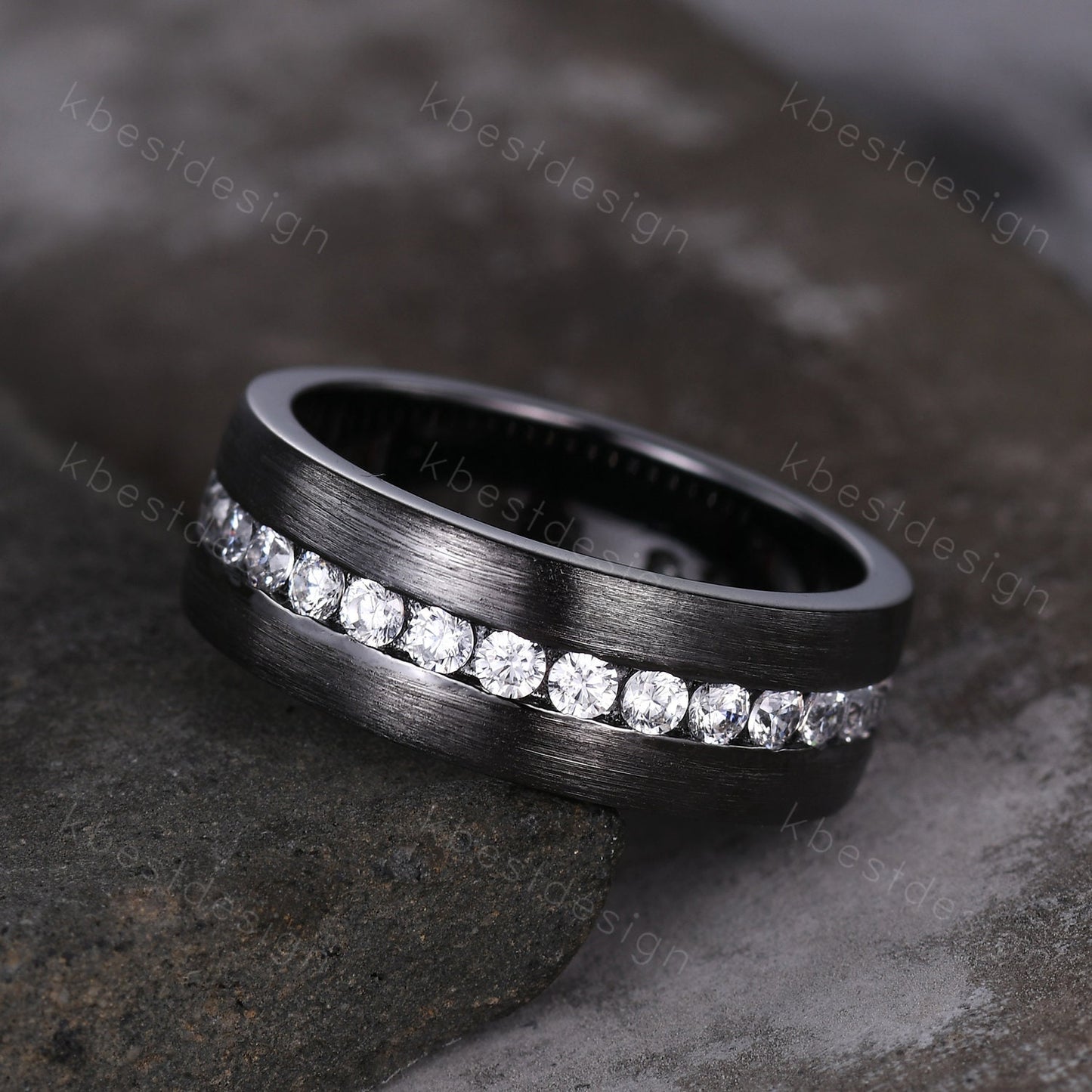 Mens Moissanite Wedding Band Black Gold Moissanite Band Brushed Finish Band Mens 7mm Stacking Matching Band Retro Vintage Ring