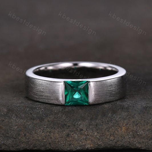 Mens Green Emerald Wedding Band, 5mm Princess Cut Green Emerald Mens Wedding Band, Solid Gold 10k/14k/18k Wedding Ring, His Wedding Band