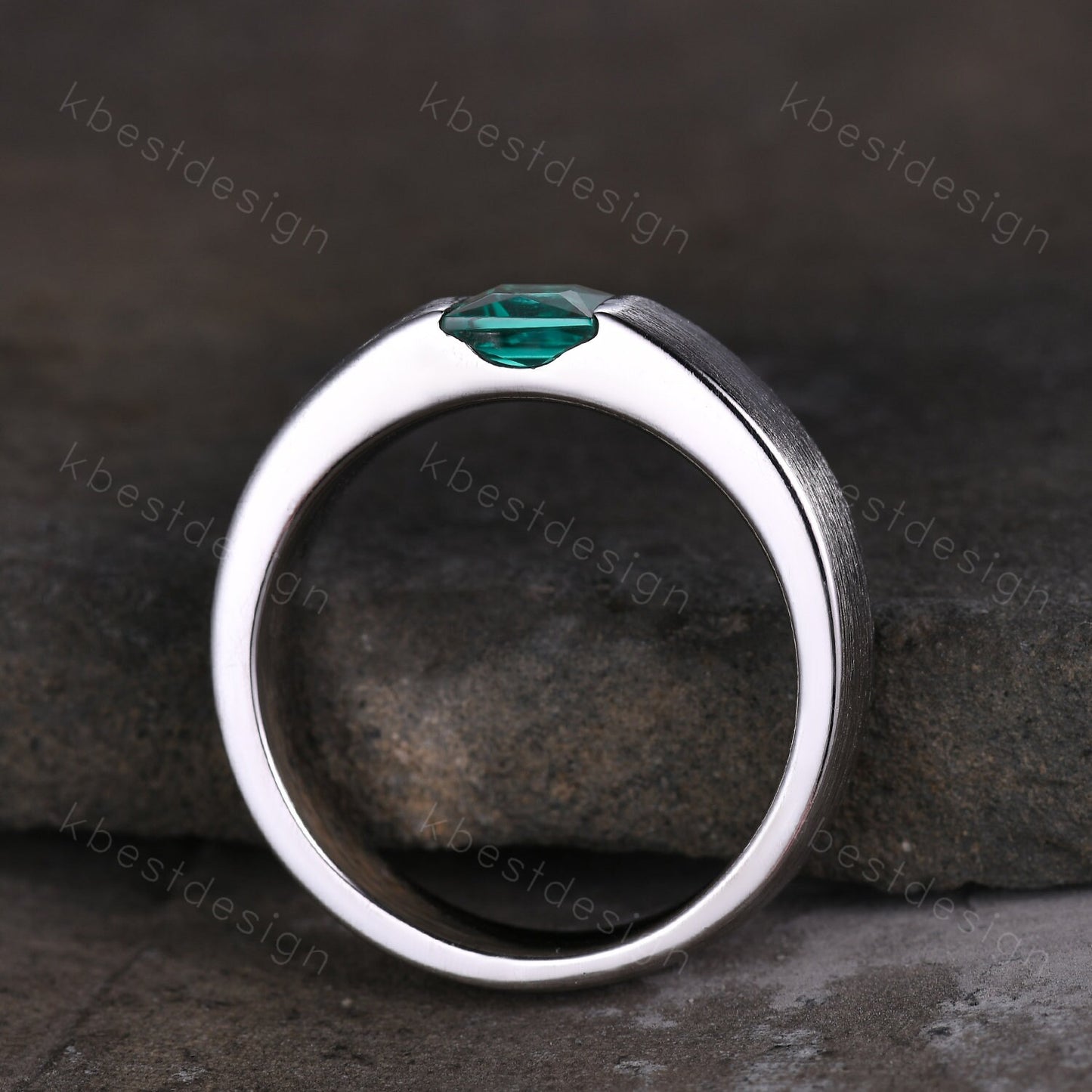 Mens Green Emerald Wedding Band, 5mm Princess Cut Green Emerald Mens Wedding Band, Solid Gold 10k/14k/18k Wedding Ring, His Wedding Band