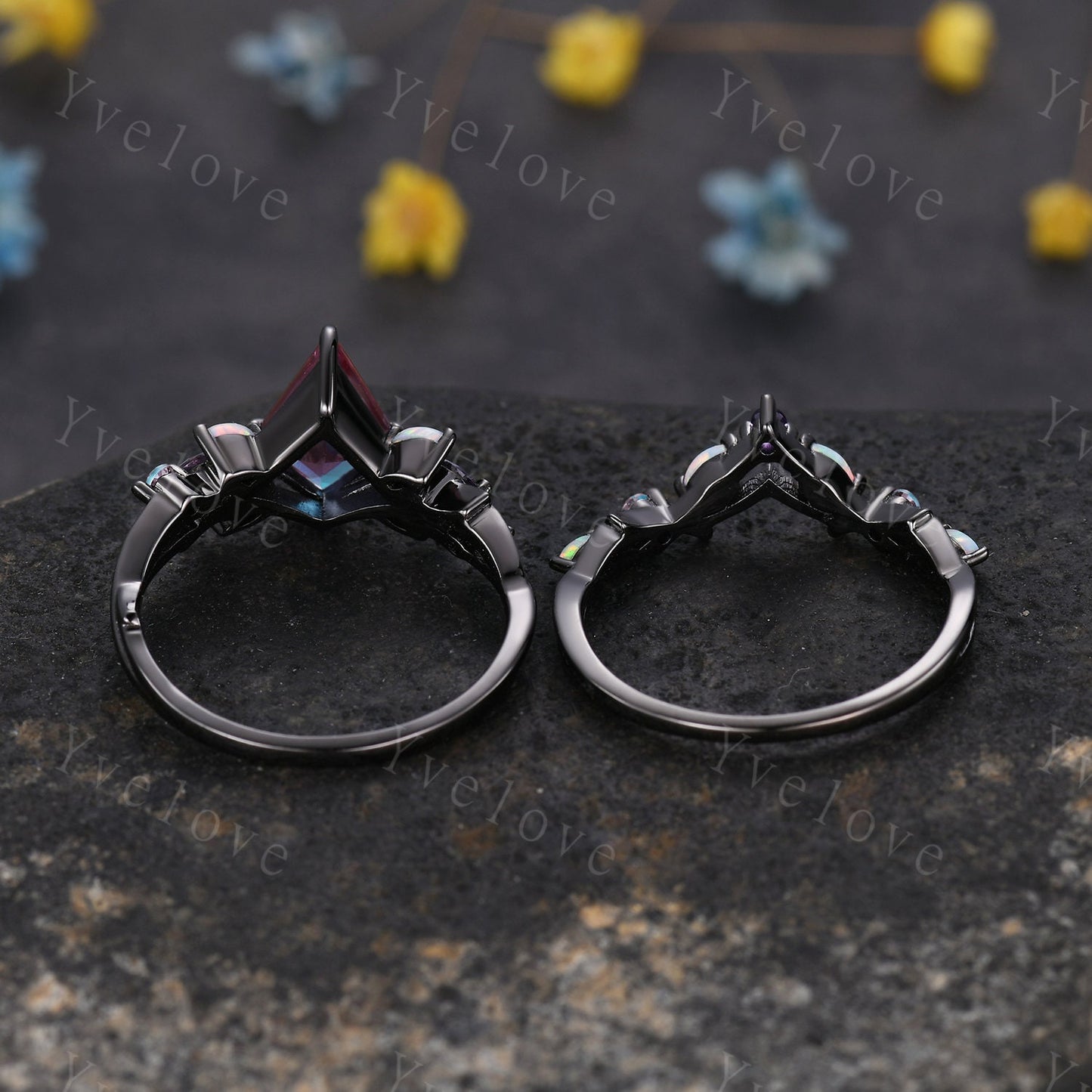 Vintage Kite Smoky Quartz Engagement Ring Set,Black Gold,Vines Amethyst Opal Ring,Women Bridal Set,Unique Twig Anniversary Gift Promise Ring