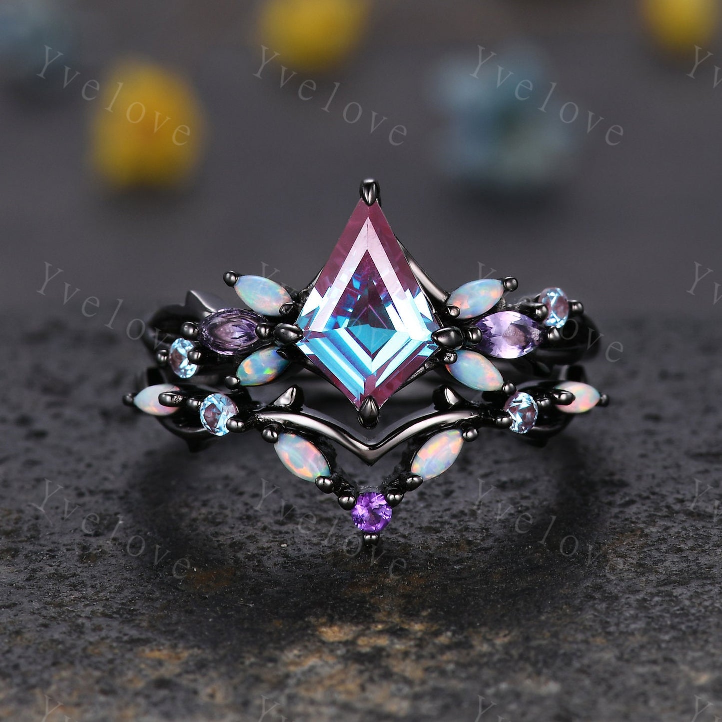 Vintage Kite Alexandrite Engagement Ring,Solid Gold,Vines Amethyst Opal Ring,Unique Matching Band Promise Bridal Stacking Ring Gift for her