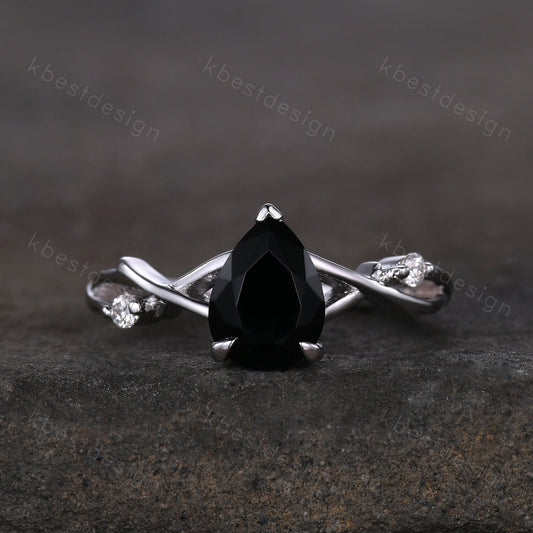 Twig Pear shaped black onyx ring silver vintage nature inspired unique black gemstone engagement ring antique bridal wedding ring for women