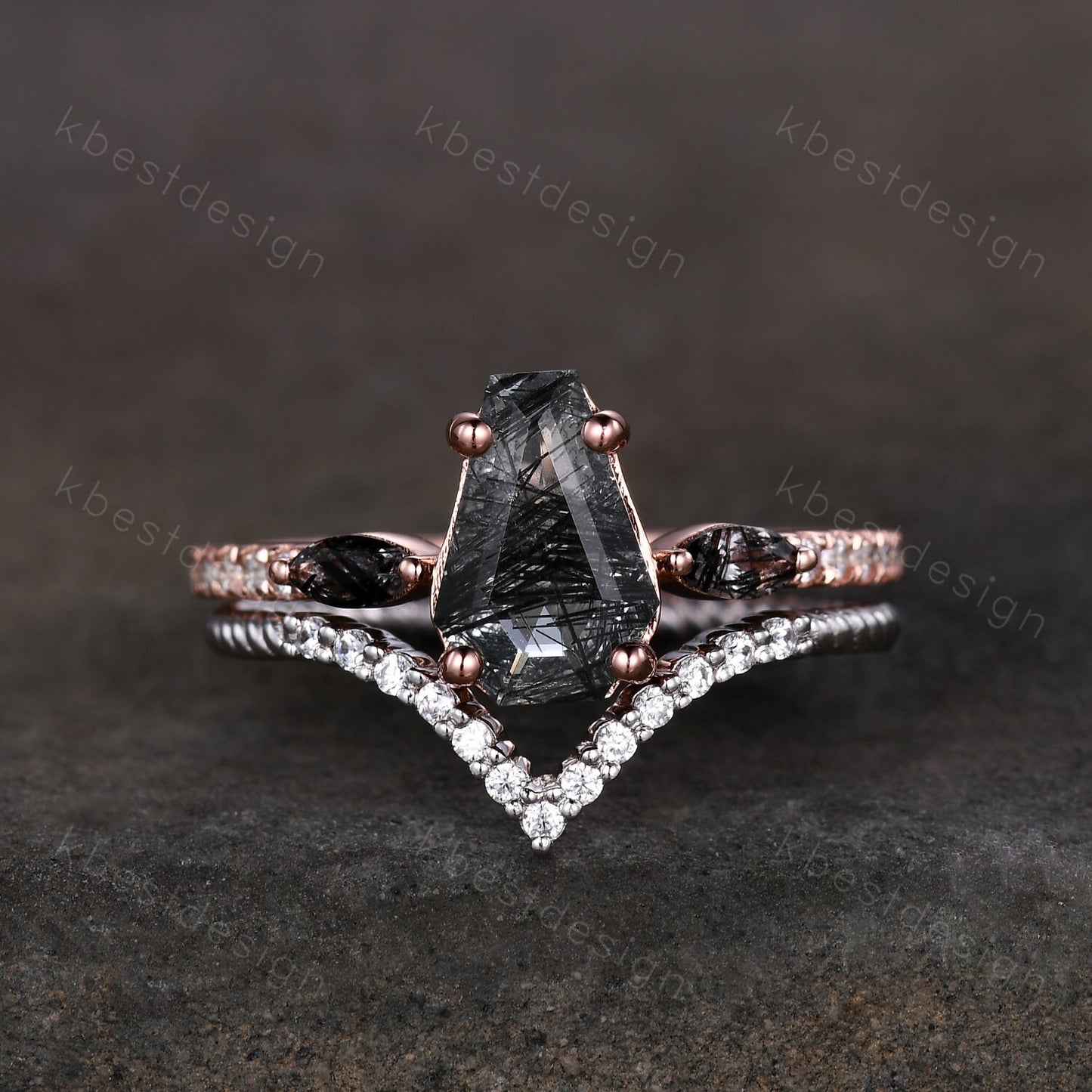 Coffin shaped black rutilated quartz engagement ring set unique curved Moissanite stacking band Rose gold vintage bridal wedding ring set