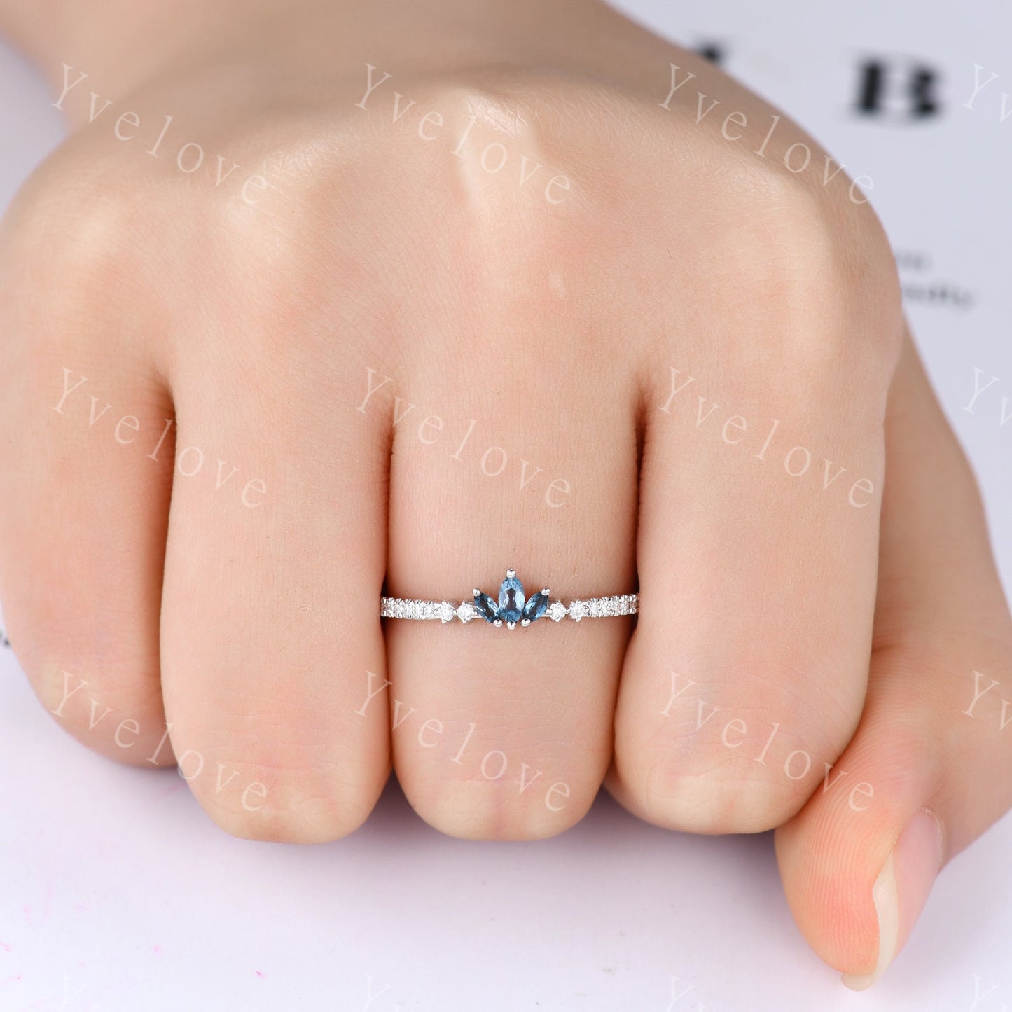Antique Marquise London blue topaz wedding band topaz ring women moissanite promise ring bridal stacking matching band gift for her platinum