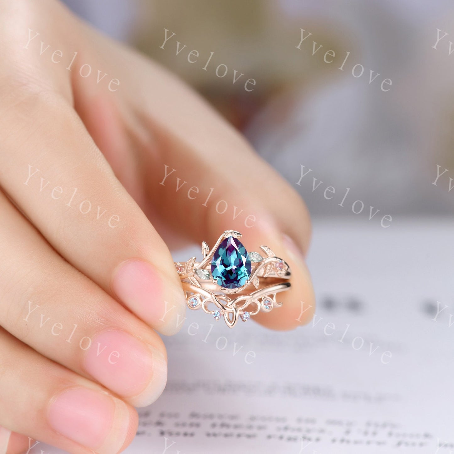 Teardrop Alexandrite Moss Agate Bridal Set,Vintage Vine Leaf Ring,Alexandrite Engagement Ring,Celtic Unique Handmade Promise Gifts for Women