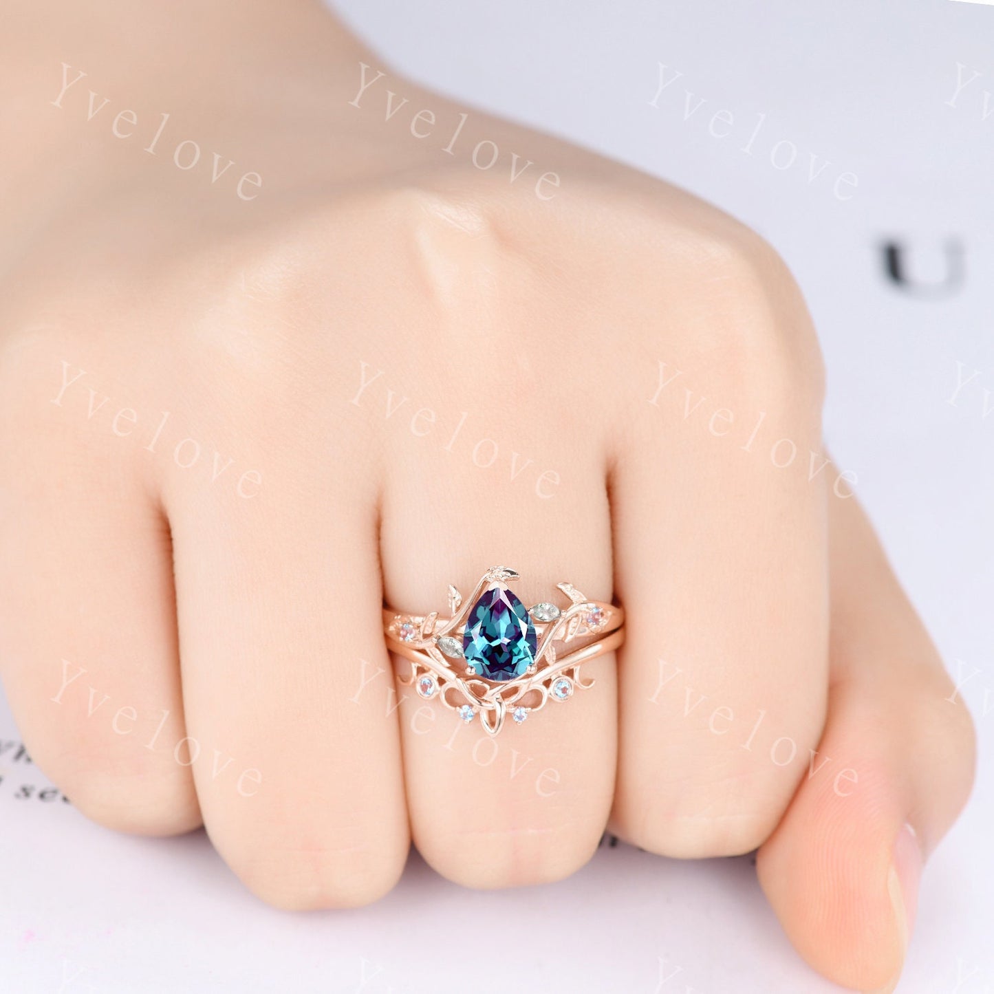 Teardrop Alexandrite Moss Agate Bridal Set,Vintage Vine Leaf Ring,Alexandrite Engagement Ring,Celtic Unique Handmade Promise Gifts for Women