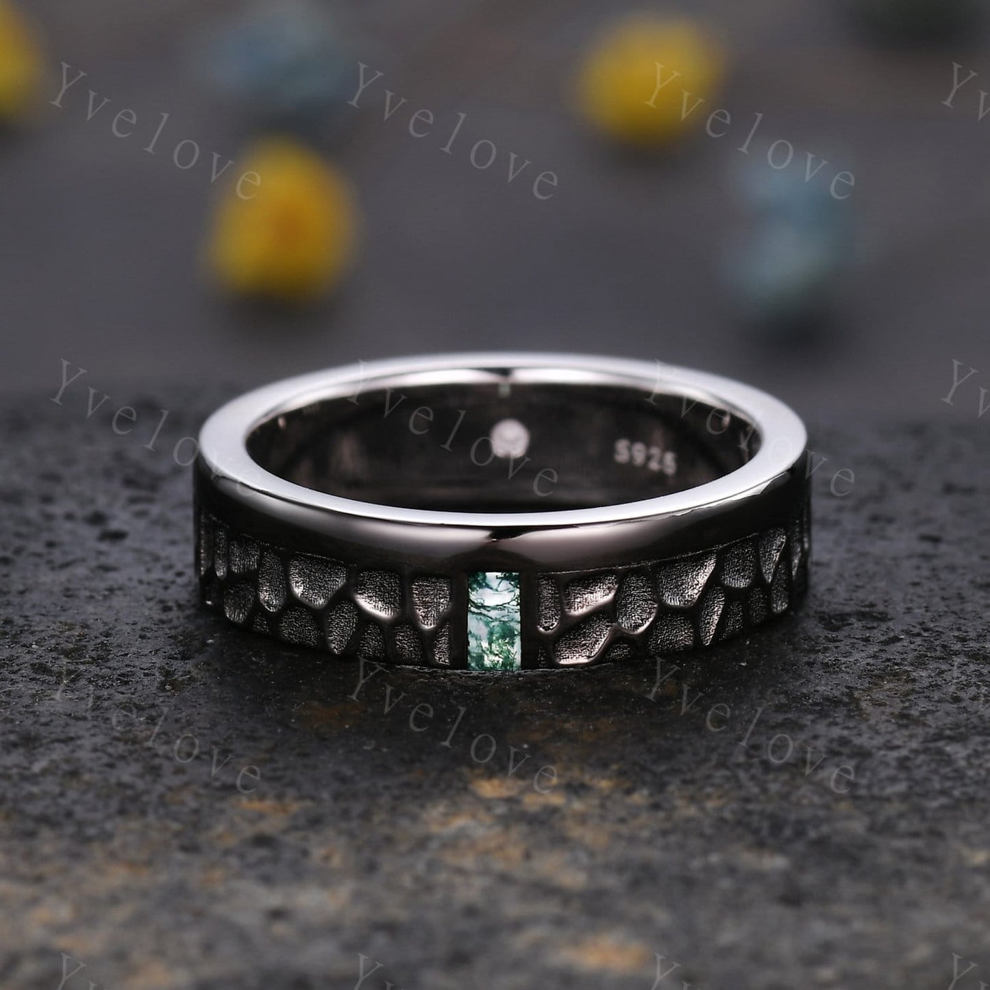 Mens Moss agate Wedding Band Baguette Cut Green Agate Diamond Band Solid Gold Mens Hammered Stacking Matching Band Retro Vintage Ring Gift
