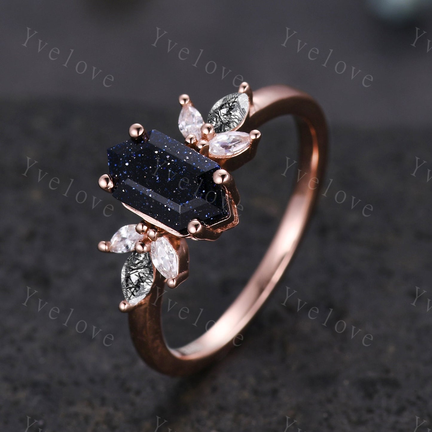 Vintage Hexagon cut Sandstone Engagement Ring,Unique Bridal Ring,Marquise Black Rutilated Quartz,14k Rose Gold Black Gem Galaxy Ring Gift