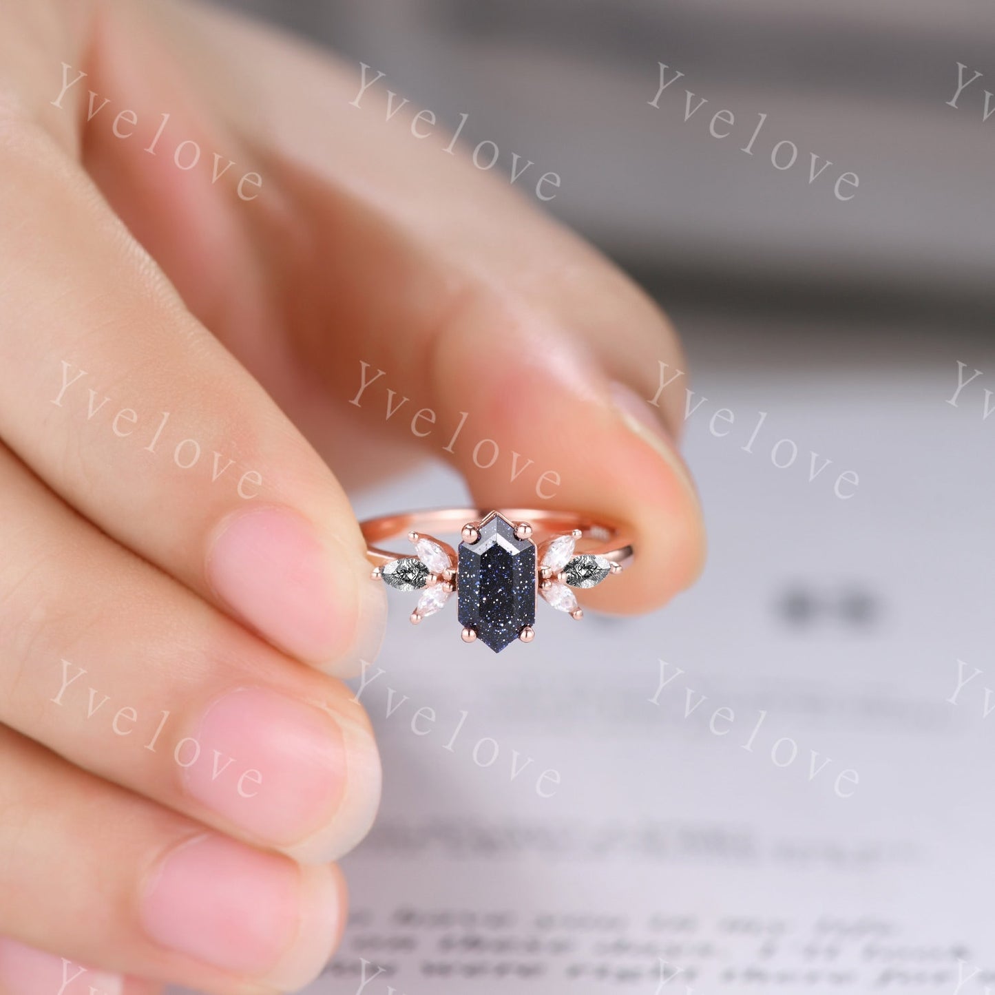 Vintage Hexagon cut Sandstone Engagement Ring,Unique Bridal Ring,Marquise Black Rutilated Quartz,14k Rose Gold Black Gem Galaxy Ring Gift