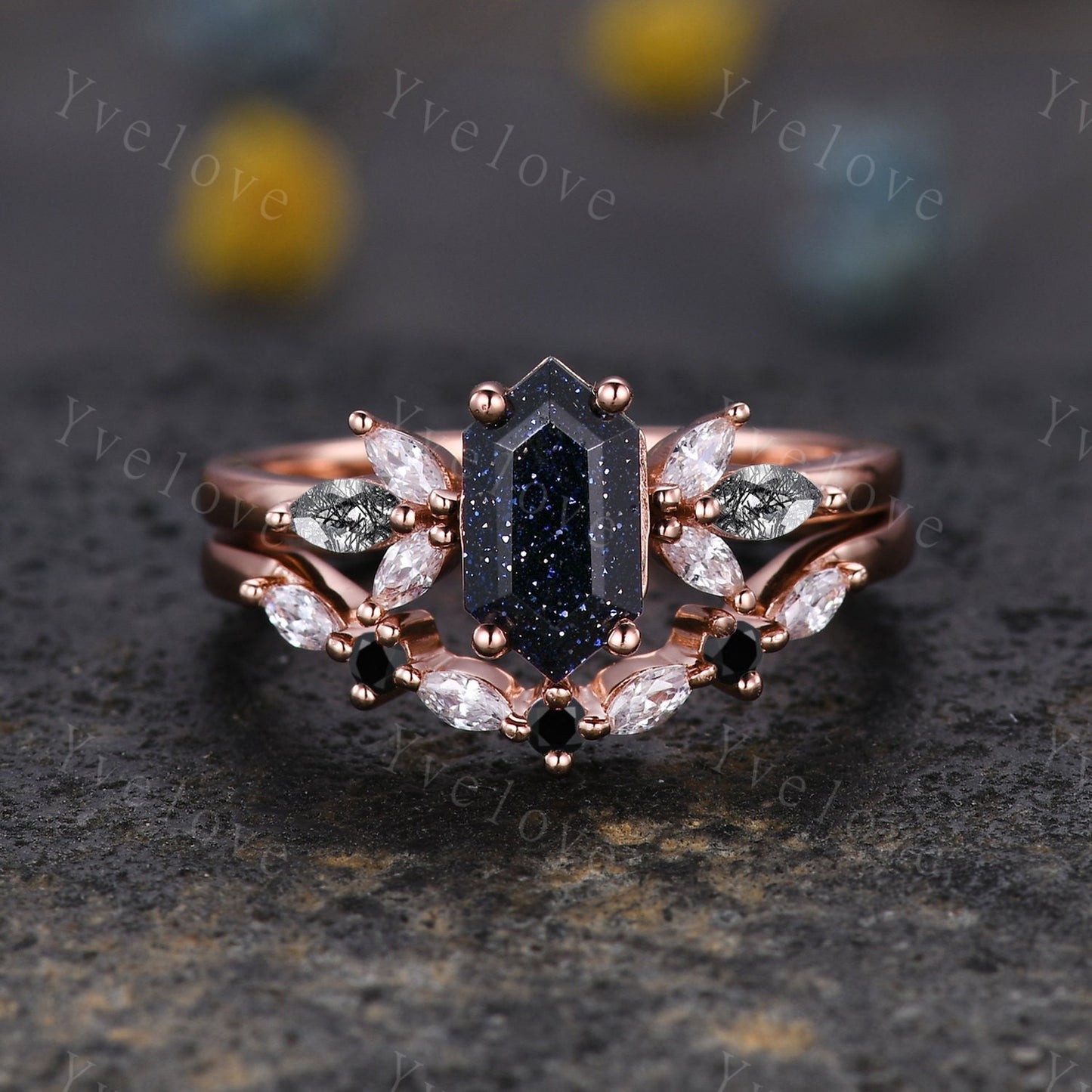 Vintage Hexagon cut Sandstone Engagement Ring,Unique Bridal Ring,Marquise Black Rutilated Quartz,14k Rose Gold Black Gem Galaxy Ring Gift