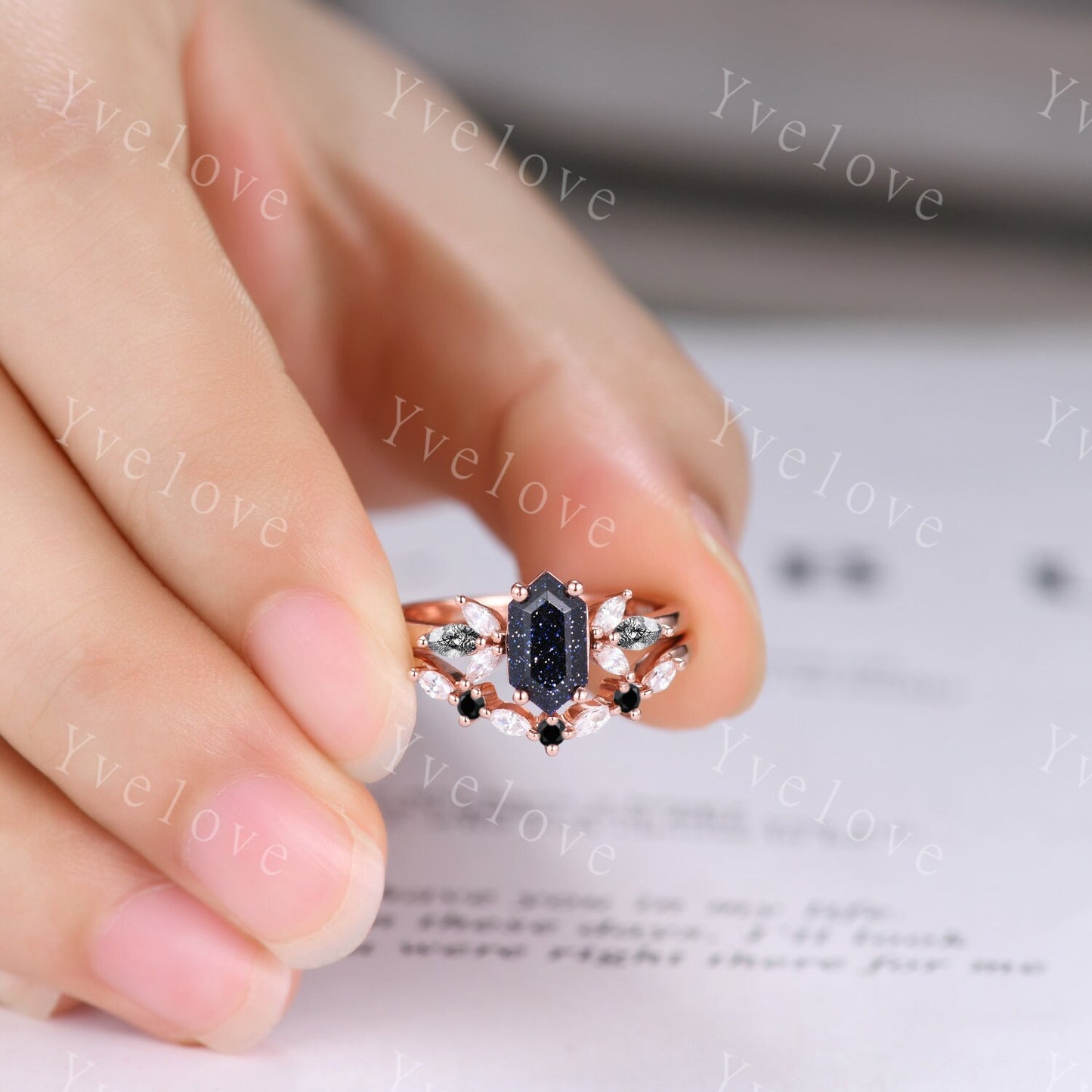 Vintage Hexagon cut Sandstone Engagement Ring,Unique Bridal Ring,Marquise Black Rutilated Quartz,14k Rose Gold Black Gem Galaxy Ring Gift