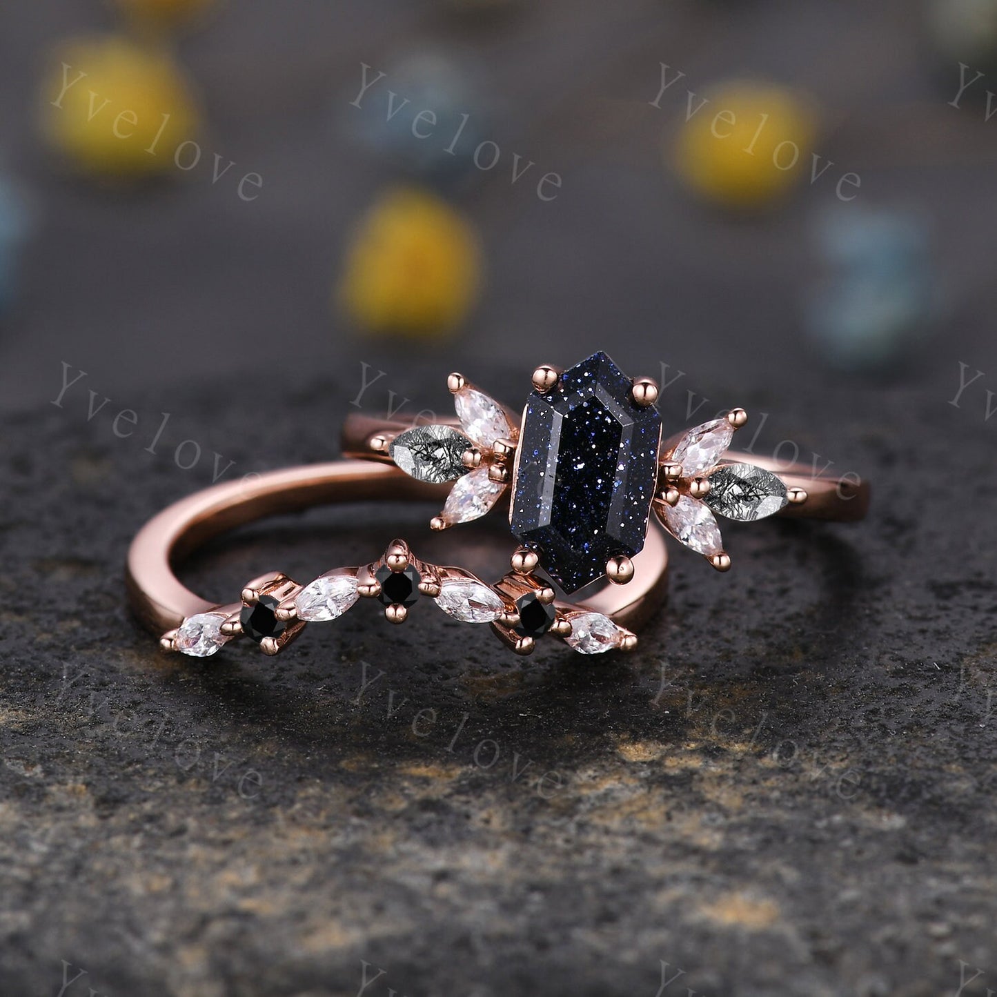 Vintage Hexagon cut Sandstone Engagement Ring,Unique Bridal Ring,Marquise Black Rutilated Quartz,14k Rose Gold Black Gem Galaxy Ring Gift