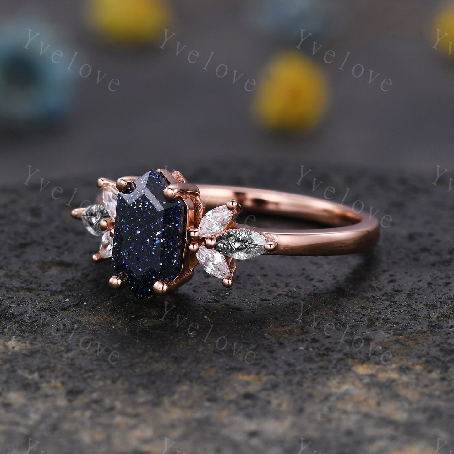 Vintage Hexagon cut Sandstone Engagement Ring,Unique Bridal Ring,Marquise Black Rutilated Quartz,14k Rose Gold Black Gem Galaxy Ring Gift
