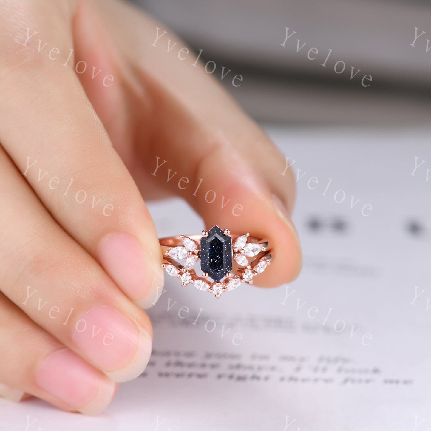 Hexagon Blue Sandstone Engagement Ring Set Women Stacking Matching Band Diamond Moissanite Ring Unique Vintage Floral Design Promise Gift