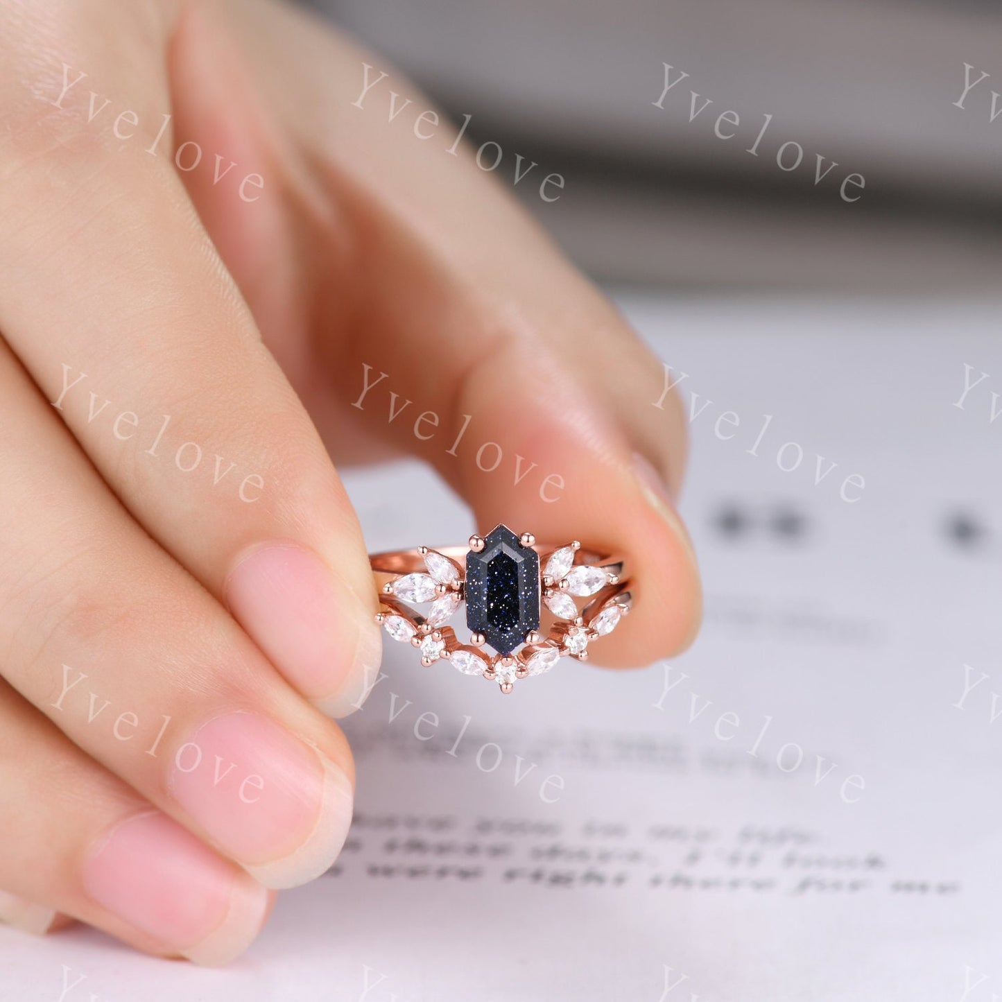 Hexagon Blue Sandstone Engagement Ring Women Stacking Matching Band Diamond Moissanite Ring Unique Vintage Floral Design Promise Gift Silver