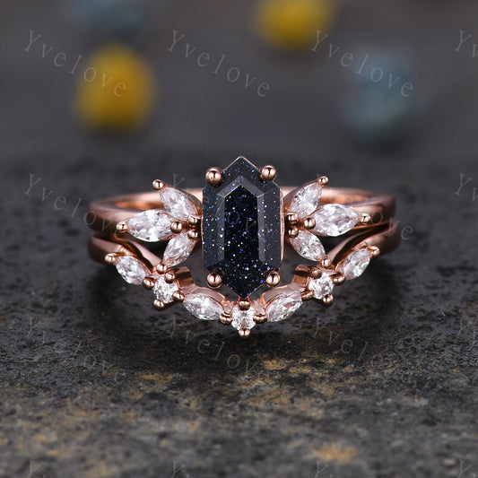 Hexagon Blue Sandstone Engagement Ring Set Women Stacking Matching Band Diamond Moissanite Ring Unique Vintage Floral Design Promise Gift
