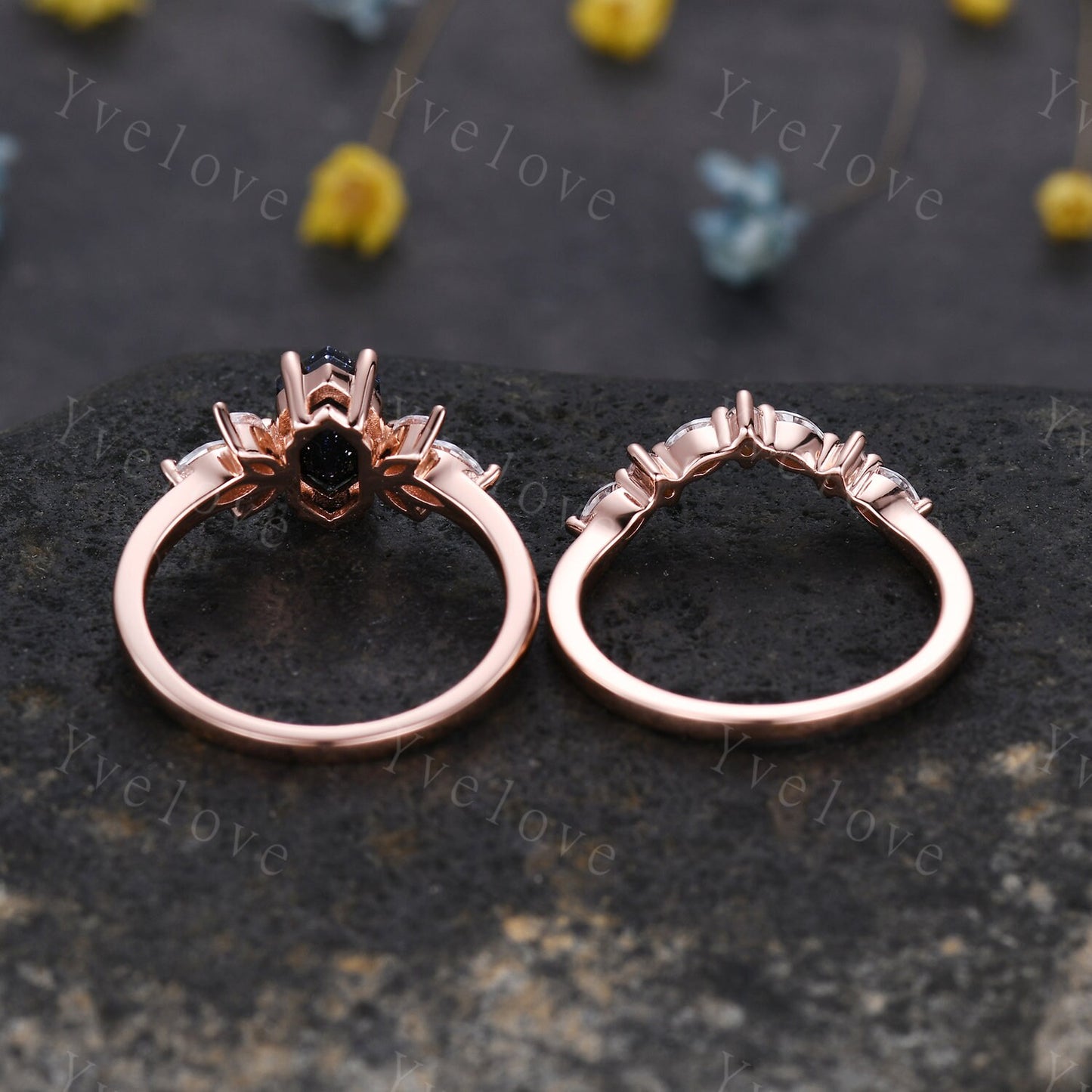 Hexagon Blue Sandstone Engagement Ring Set Women Stacking Matching Band Diamond Moissanite Ring Unique Vintage Floral Design Promise Gift