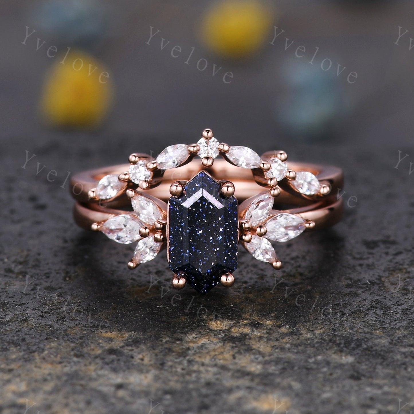 Hexagon Blue Sandstone Engagement Ring Women Stacking Matching Band Diamond Moissanite Ring Unique Vintage Floral Design Promise Gift Silver