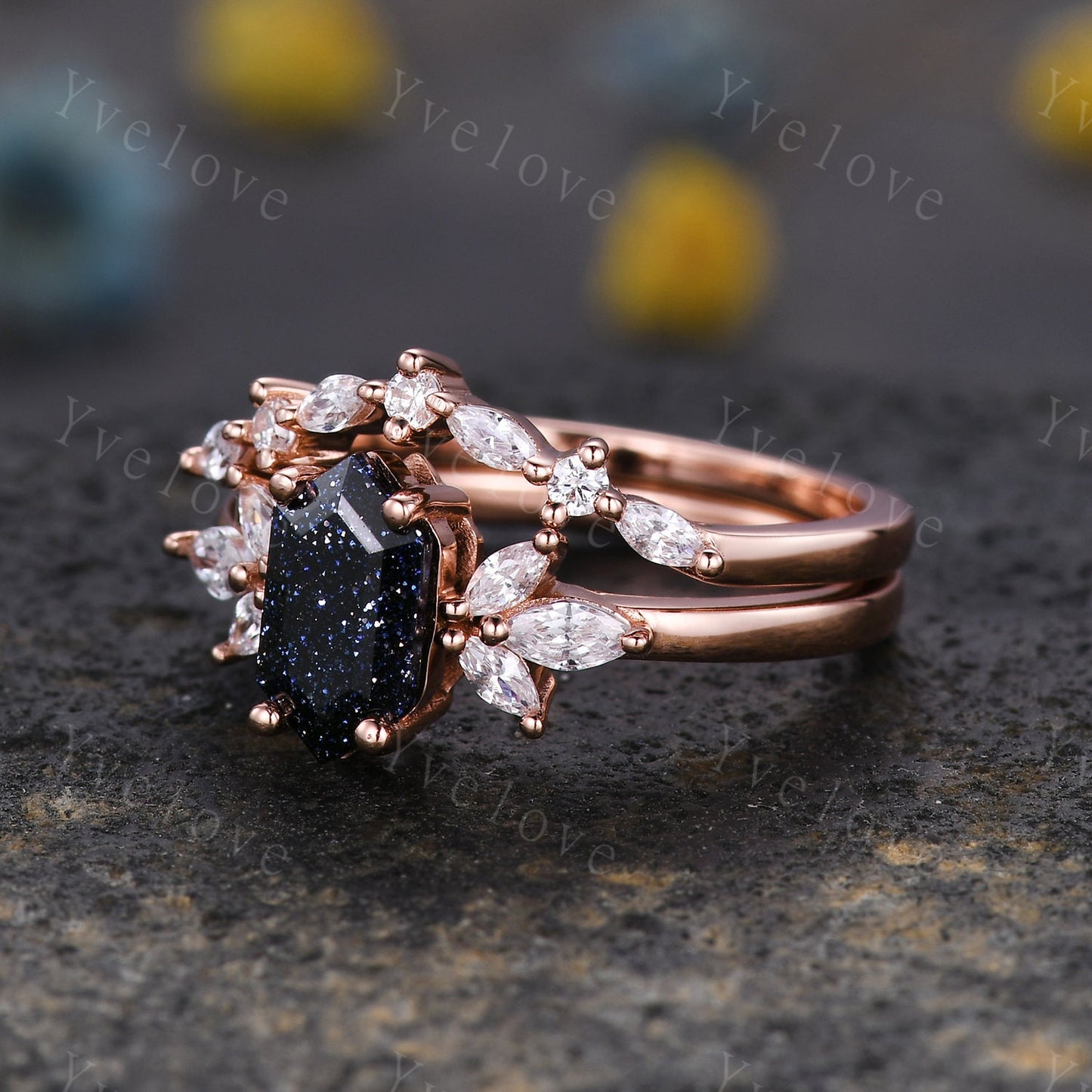 Hexagon Blue Sandstone Engagement Ring Set Women Stacking Matching Band Diamond Moissanite Ring Unique Vintage Floral Design Promise Gift