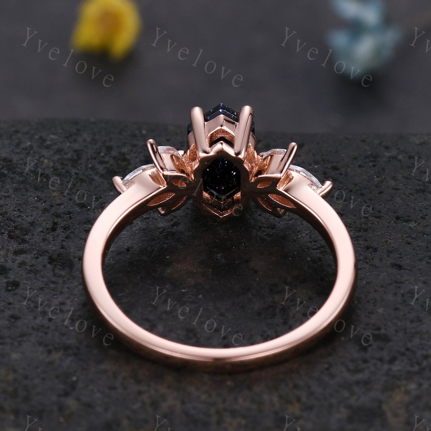 Hexagon Blue Sandstone Engagement Ring Women Stacking Matching Band Diamond Moissanite Ring Unique Vintage Floral Design Promise Gift Silver