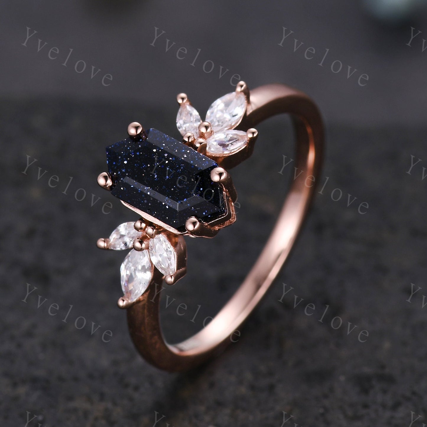 Hexagon Blue Sandstone Engagement Ring Women Stacking Matching Band Diamond Moissanite Ring Unique Vintage Floral Design Promise Gift Silver
