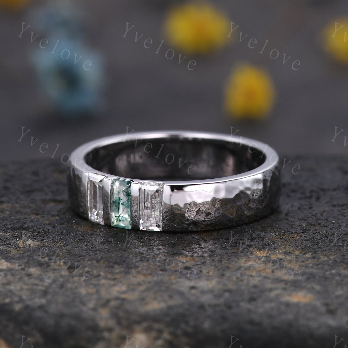 Retro Mens Baguette Moss agate Moissanite Wedding Band 5mm Hammered Band Silver Ring Mens Stackable Matching Band Anniversary Gift For Him