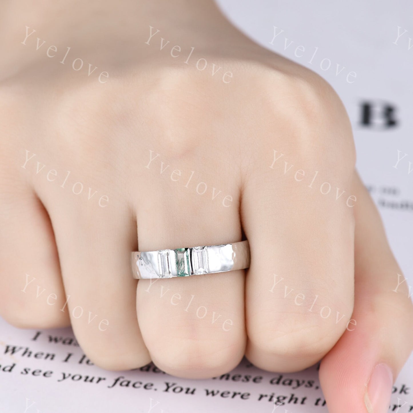 Retro Mens Baguette Moss agate Moissanite Wedding Band 5mm Hammered Band Silver Ring Mens Stackable Matching Band Anniversary Gift For Him