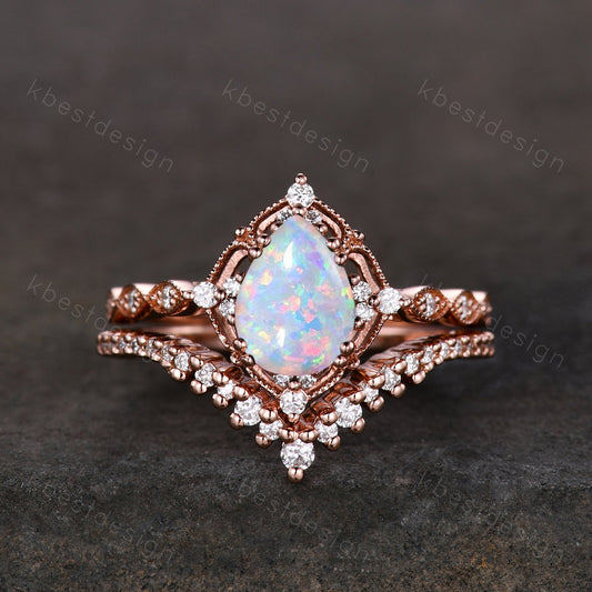 Pear shaped Opal engagement ring set rose gold opal ring vintage moissanite wedding ring October birthstone ring unique bridal wedding set