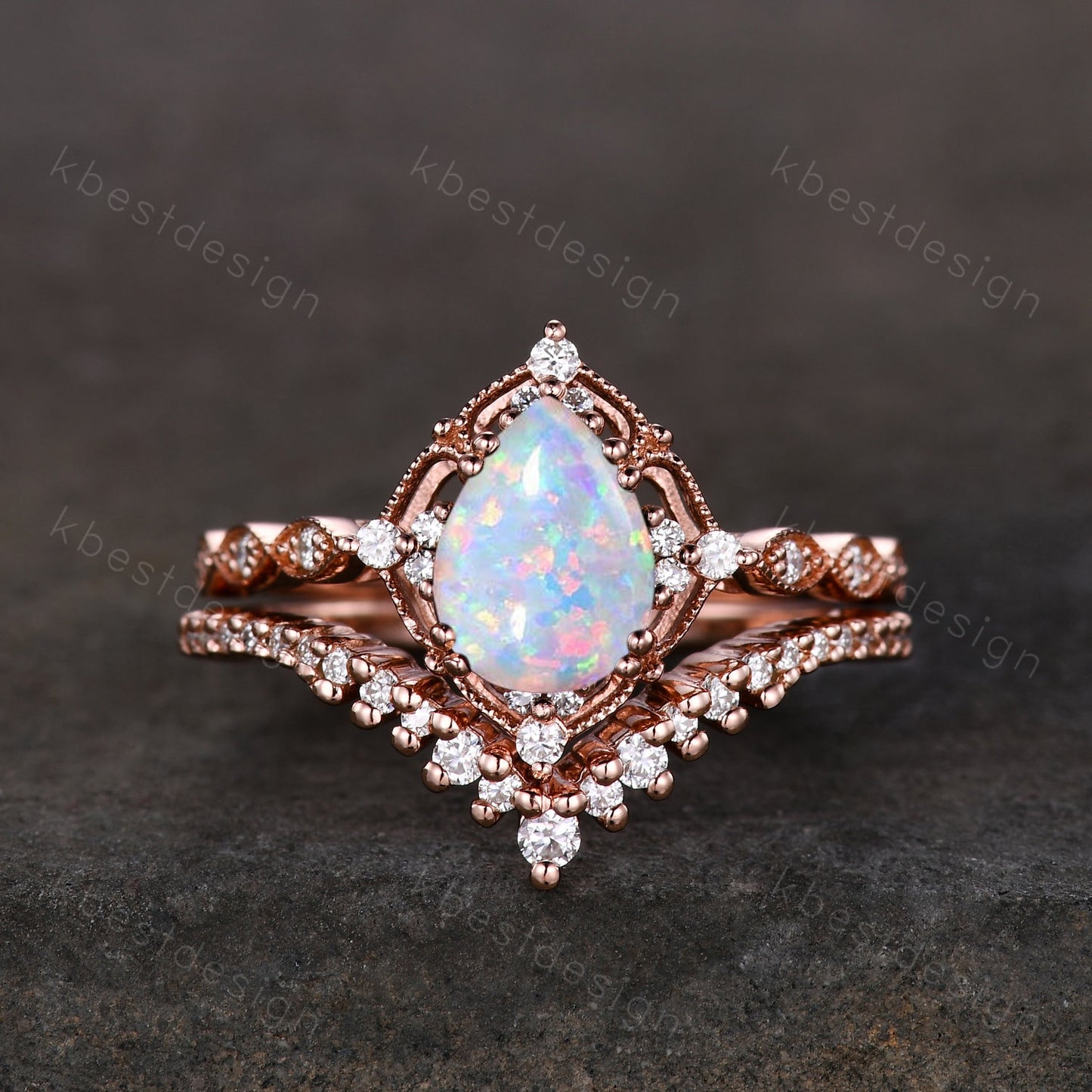 Pear shaped Opal engagement ring set rose gold opal ring vintage moissanite wedding ring October birthstone ring unique bridal wedding set