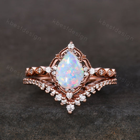 Pear shaped Opal engagement ring set rose gold opal ring vintage moissanite wedding ring October birthstone ring unique bridal wedding set