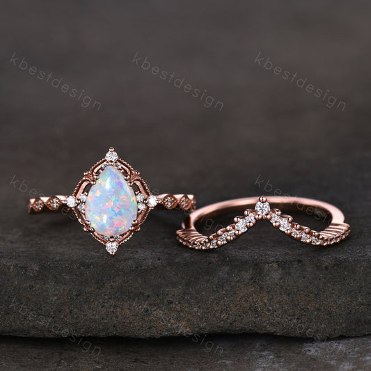 Pear shaped Opal engagement ring set rose gold opal ring vintage moissanite wedding ring October birthstone ring unique bridal wedding set