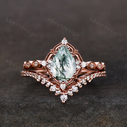 Vintage moss agate engagement ring set rose gold green moss agate ring unique curved Moissanite stacking band pear shaped bridal wedding set