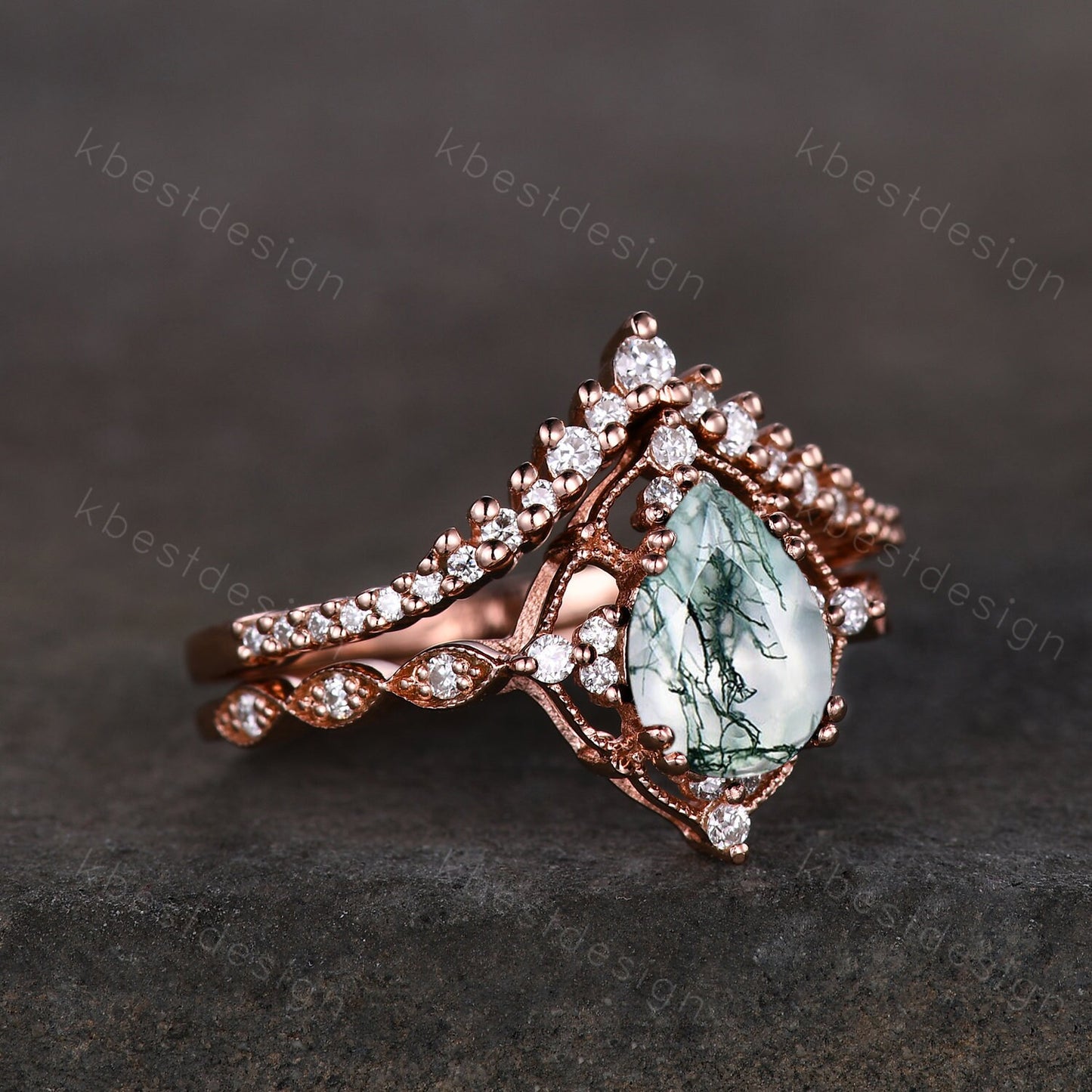 Vintage moss agate engagement ring set rose gold green moss agate ring unique curved Moissanite stacking band pear shaped bridal wedding set