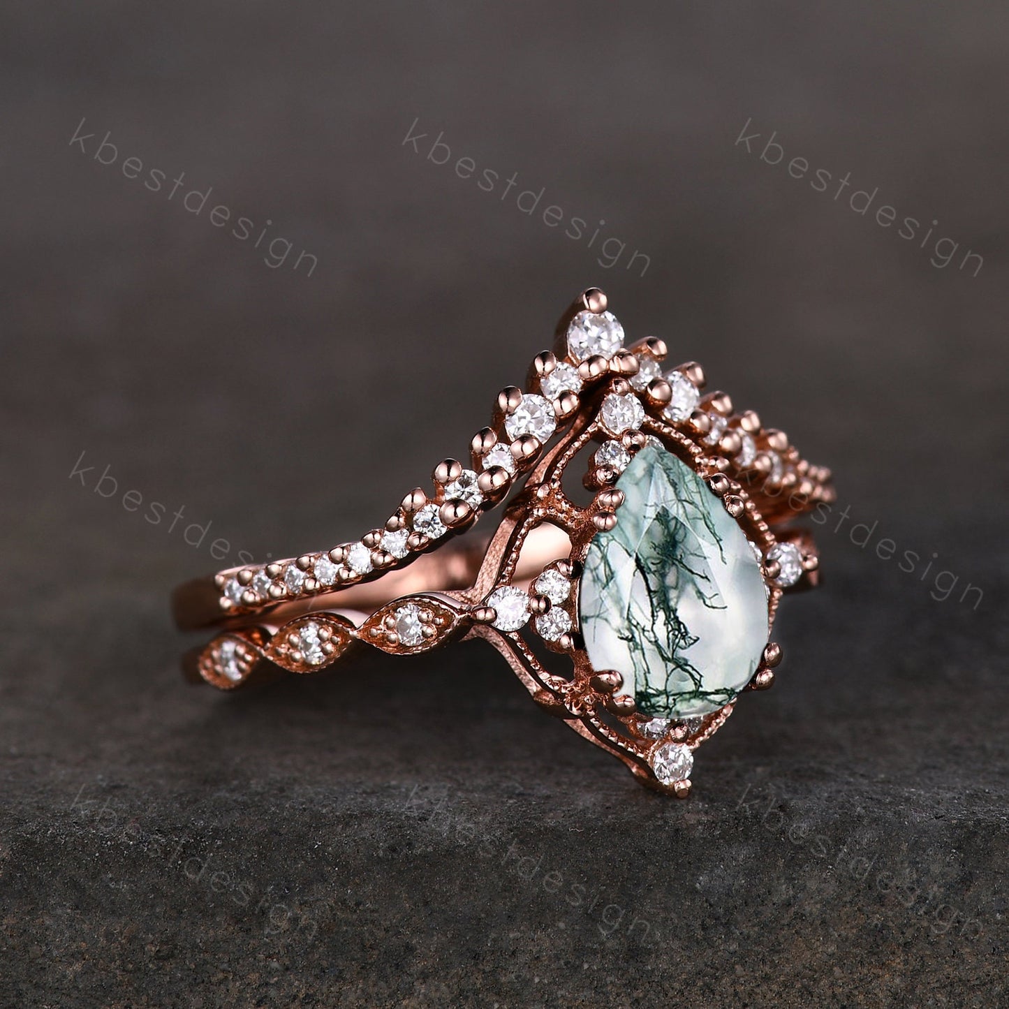 Vintage moss agate engagement ring set rose gold green moss agate ring unique curved Moissanite stacking band pear shaped bridal wedding set