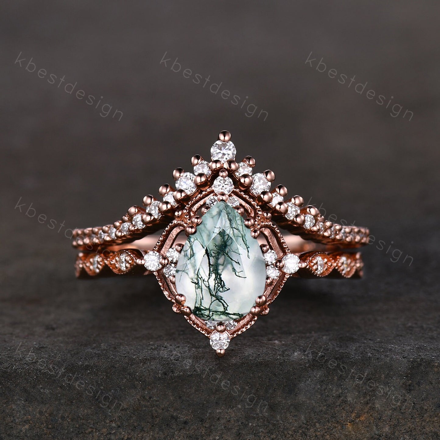 Vintage moss agate engagement ring set rose gold green moss agate ring unique curved Moissanite stacking band pear shaped bridal wedding set