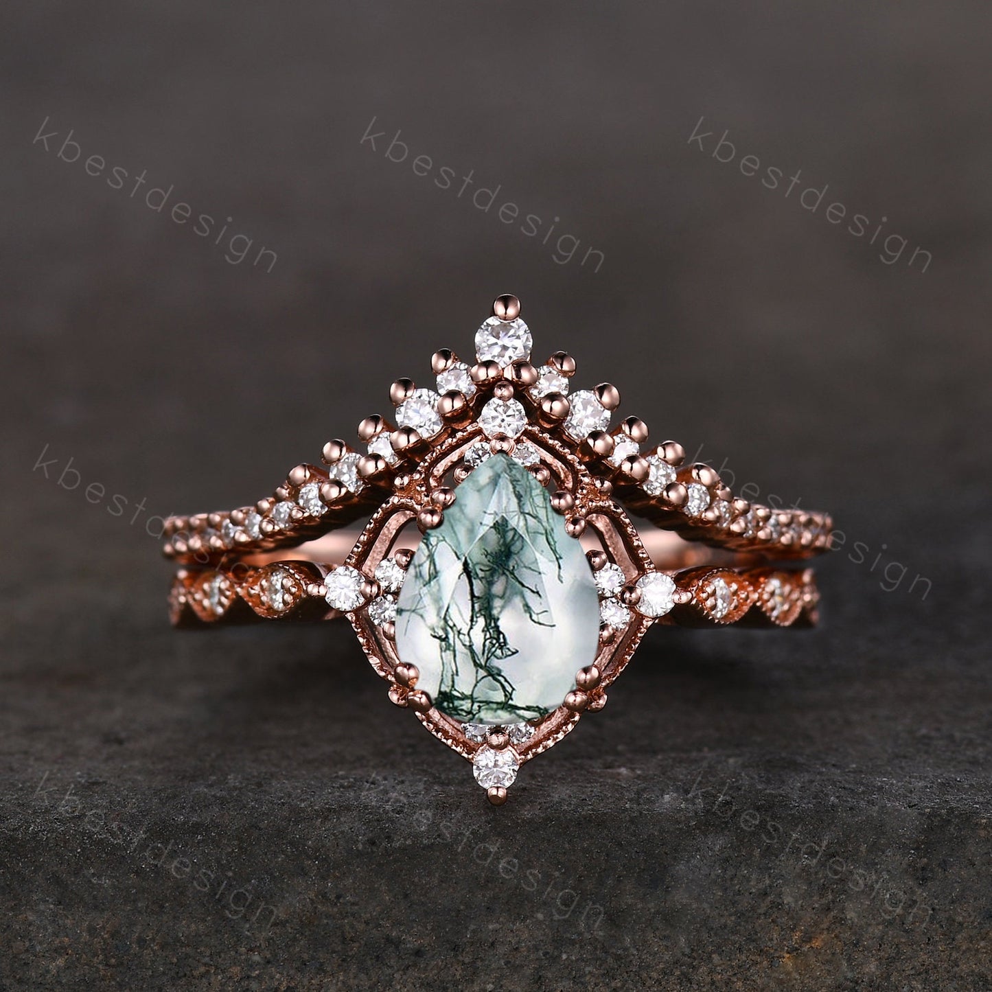 Vintage moss agate engagement ring set rose gold green moss agate ring unique curved Moissanite stacking band pear shaped bridal wedding set