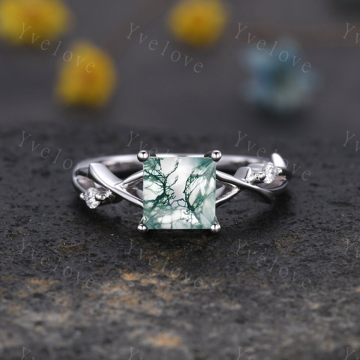 Vintage Princess Shaped Moss Agate Ring,Green Agate Engagement Ring,Leaf Twig Diamond Ring,Natural Inspired Wedding Ring Gift,Platinum Ring
